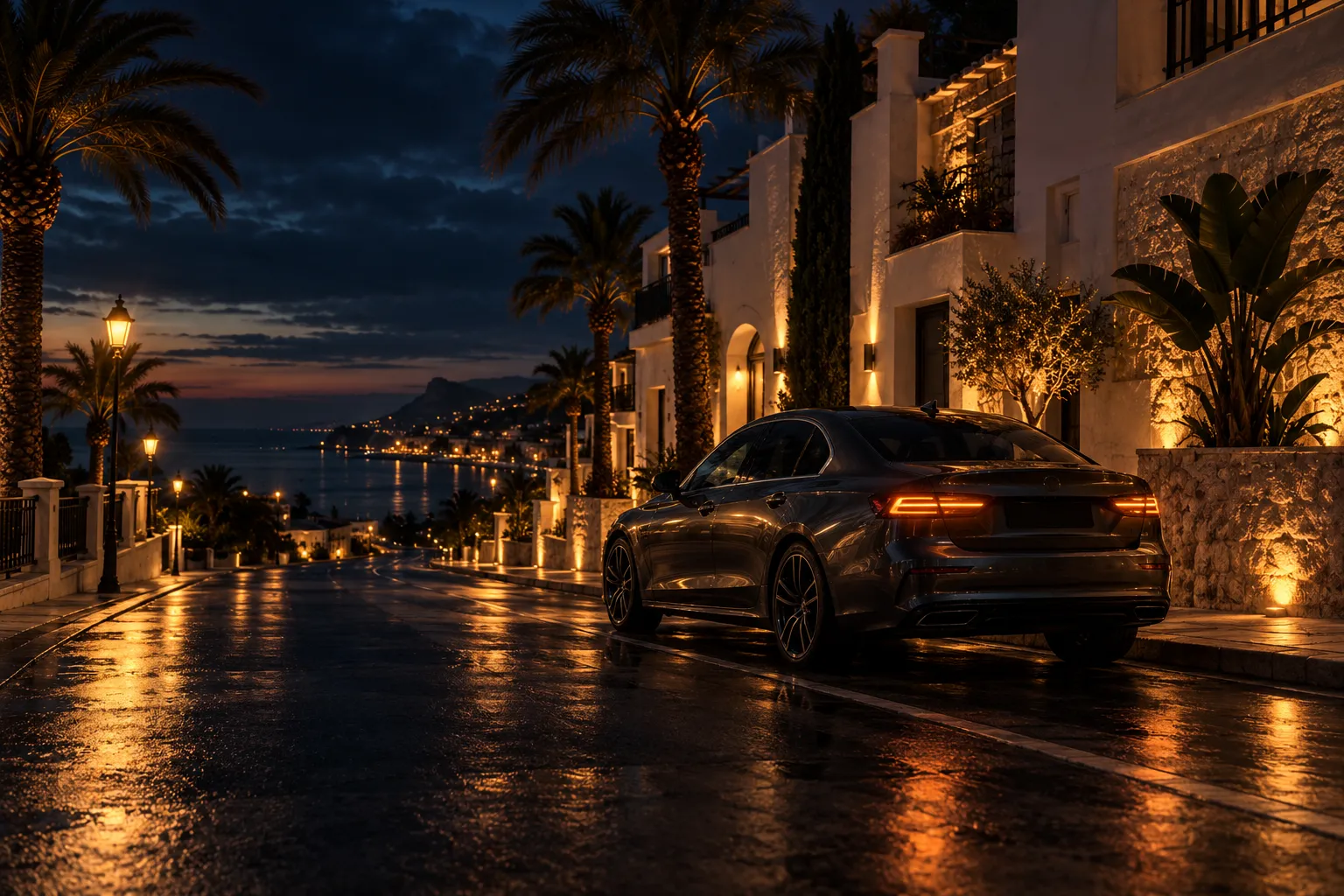 Calle mediterránea española al anochecer con un coche aparcado