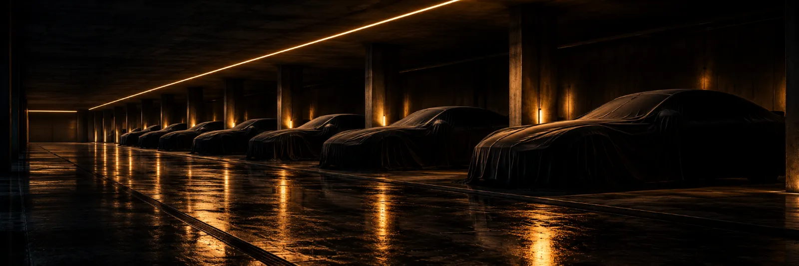 Garaje largo con una fila de coches en penumbra y una línea de luz dorada